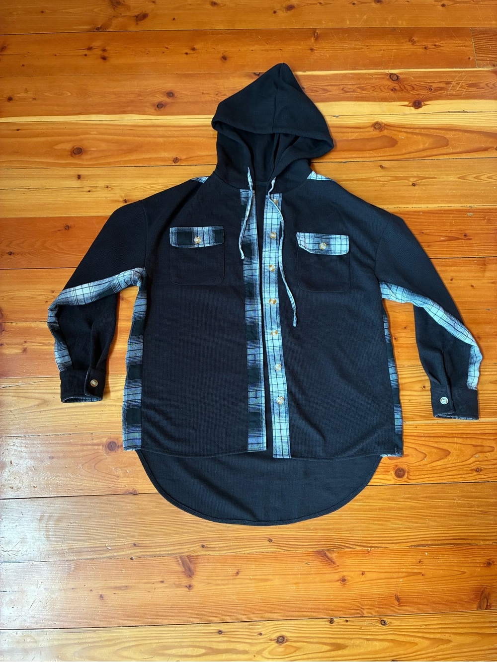 Women’s Black Hooded Shirt Jacket with Plaid Accents